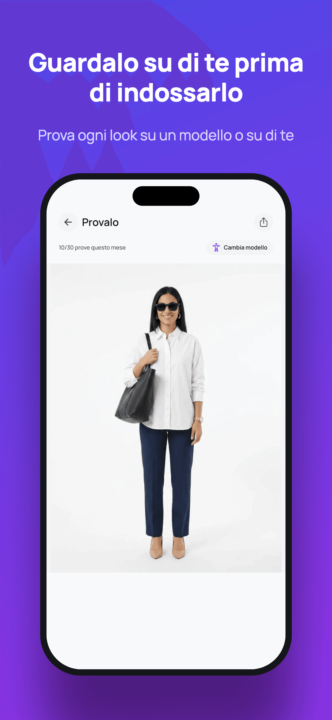 Guardalo su di te prima di indossarlo — Prova ogni look su un modello o sulla tua foto